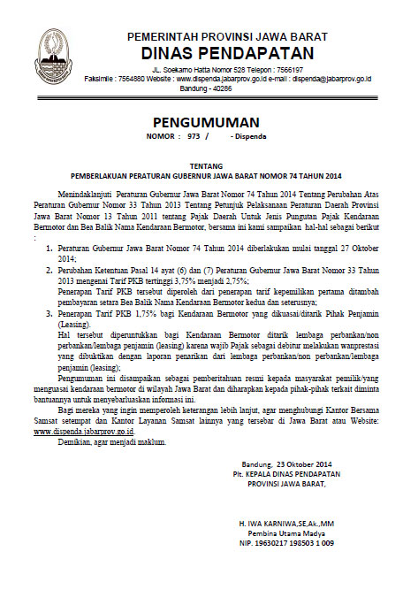 Pemberlakuan Peraturan Jawa Barat Nomor 74 Tahun 2014