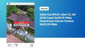 Saldo Kas RKUD Jabar 22 Juli 2026 Capai Rp39,76 Miliar, Penerimaan Daerah Tembus Rp30,29 Miliar