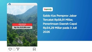 Saldo Kas Pemprov Jabar Tercatat Rp58,91 Miliar, Penerimaan Daerah Capai Rp34,29 Miliar pada 3 Juli 2026