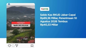 Saldo Kas RKUD Jabar Capai Rp89,36 Miliar, Penerimaan 10 Agustus 2026 Tembus Rp40,33 Miliar
