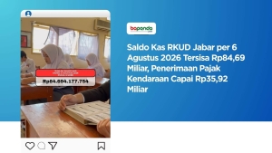 Saldo Kas RKUD Jabar per 6 Agustus 2026 Tersisa Rp84,69 Miliar, Penerimaan Pajak Kendaraan Capai Rp35,92 Miliar