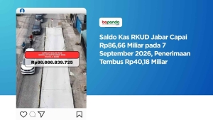 Saldo Kas RKUD Jabar Capai Rp86,66 Miliar pada 7 September 2026, Penerimaan Tembus Rp40,18 Miliar